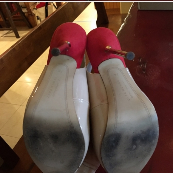 Zara Cream and Coral/Red Patent Slingback Heels 8 - Picture 5 of 7